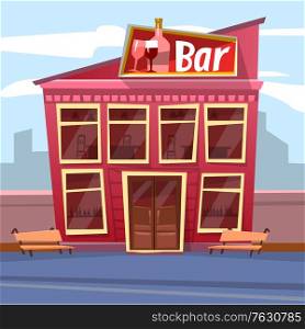 Bar building with board of wine drink on roof. Urban dining place in red color, exterior of cafe with benches outdoor, pub or restaurant sign. Vector illustration in flat cartoon style. Exterior of Bar Building, Dining Place Vector