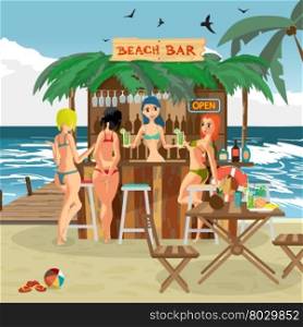 Bar bungalows with bartender woman and three visitor women on the beach ocean coast. Vector flat cartoon illustration. Summer vacation in a tropical beach. Relaxing at the beach bar, drinks, fruits