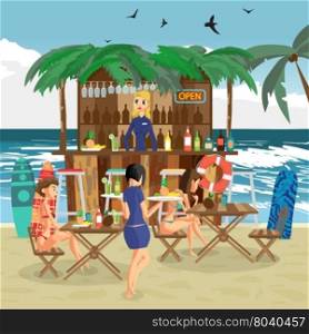 Bar bungalows with bartender woman, waitress with salvers and two visitor women in a bikini on the beach ocean coast. Vector flat cartoon illustration.