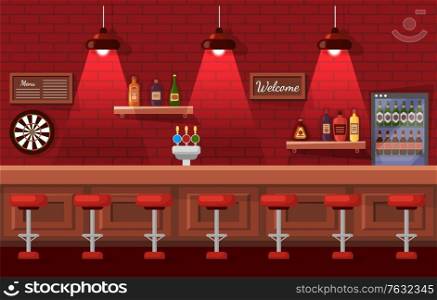 Bar celebrating place, brick wall decorated by shelf with bottles, welcome board and men, darts sign. Beer pub, bottles in fridge, nobody indoor vector. Beer Pub with Nobody Place, Bar with Drink Vector