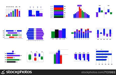 Bar charts. Trends statistic graphic, timeline chart and business infographics elements vector set. Company profit graph. Financial and stock market presentation infocharts on white background. Bar charts. Trends statistic graphic, timeline chart and business infographics elements vector set. Company profit graph. Financial and marketing presentation infocharts isolated on white background