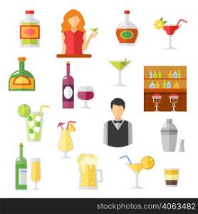 Bar cocktails and alcohol drinks shaker with barmen and customers flat Icons collection abstract isolated vector illustration. Bar Flat Icons Collection