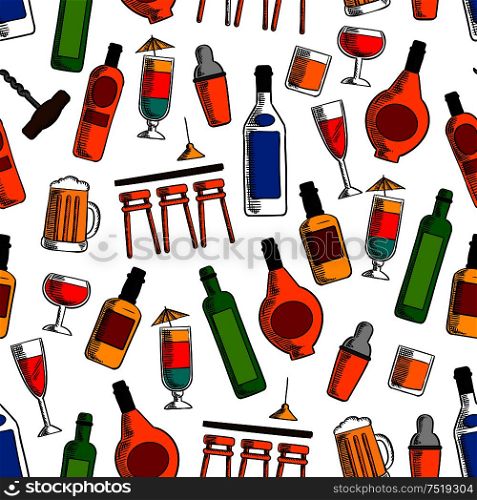 Bar cocktails and alcoholic drinks seamless pattern with wine, beer, whisky, vodka, tequila and liquor bottles and glasses with shaker and bar counter on white background. Bar cocktails and alcohol drinks seamless pattern