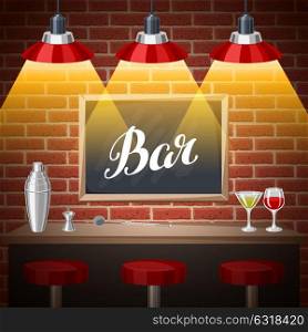 Bar counter in pub or night club. Illustration of interior with accessories, beverages and cocktails. Bar counter in pub or night club. Illustration of interior with accessories, beverages and cocktails.