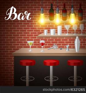 Bar counter in pub or night club. Illustration of interior with accessories, beverages and cocktails. Bar counter in pub or night club. Illustration of interior with accessories, beverages and cocktails.