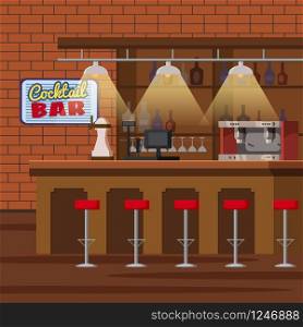Bar counter. Pub beer tap pump, stools, shelves with alcohol bottles. Pub with beer glasses.. Bar counter. Pub beer tap pump, stools, shelves with alcohol bottles. Pub with beer glassesCartoon vector isolated illustration