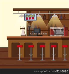 Bar counter. Pub beer tap pump, stools, shelves with alcohol bottles. Pub with beer glasses.. Bar counter. Pub beer tap pump, stools, shelves with alcohol bottles. Pub with beer glassesCartoon vector isolated illustration