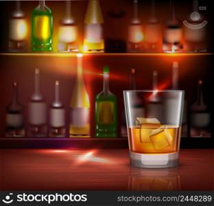 Bar counter realistic background with glass of whiskey in front vector illustration