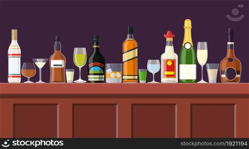 Bar Counter With Alcohol Drink. Bottle Collection. Bottles with glasses. Vector illustration in flat style. Bar Counter With Alcohol Drink.