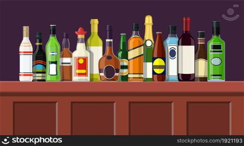 Bar Counter With Alcohol Drink. Bottle Collection. Vector illustration in flat style. Bar Counter With Alcohol Drink.