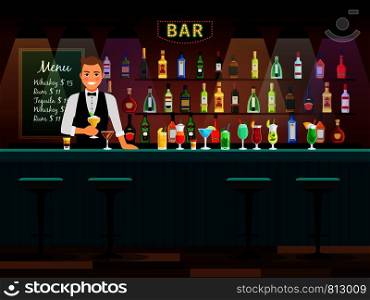 Bar counter with bartender and wine bottles on the shelves. Vector illustration. Bar counter with bartender