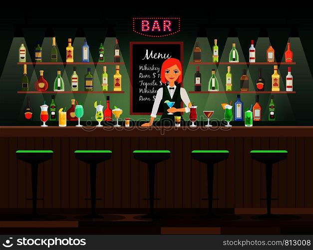 Bar counter with bartender lady and wine bottles on the shelves behind her. Vector illustration. Bar counter with bartender lady