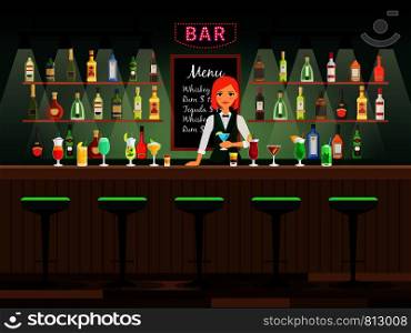 Bar counter with bartender lady and wine bottles on the shelves behind her. Vector illustration. Bar counter with bartender lady