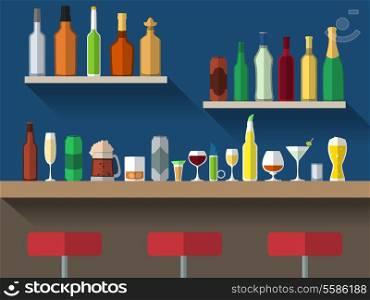 Bar counter with stools and alcohol drink on shelves flat vector illustration