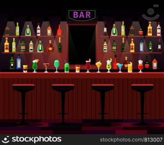Bar counter with stools before it, and alcohol cocktails and bottles on the shelves. Vector illustration. Bar counter with alcohol drinks