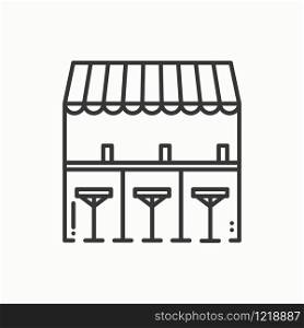 Bar counter with stools thin line icon. Street food retail. Mobile coffee house, bar, shop. Cafe, alcohol drink. Vector linear style icon. Isolated illustration. Symbols. Object. Sale. Bar counter with stools thin line icon. Street food retail. Mobile coffee house, bar, shop. Cafe, alcohol drink. Vector linear style icon. Isolated flat illustration. Symbols. Object. Sale.
