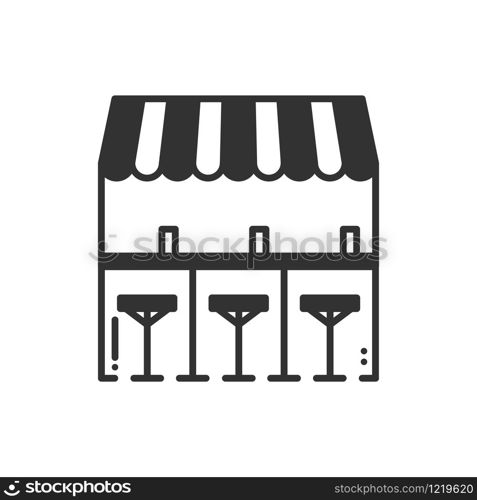 Bar counter with stools thin line icon. Street food retail. Mobile coffee house, bar, shop. Cafe, alcohol drink. Vector linear style icon. Isolated illustration. Symbols. Object silhouette . Sale. Bar counter with stools thin line icon. Street food retail. Mobile coffee house, bar, shop. Cafe, alcohol drink. Vector linear style icon. Isolated flat illustration. Symbols. Object silhouette. Sale.