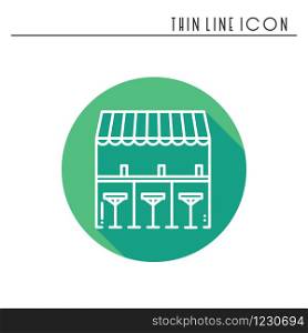 Bar counter with stools thin line icon. Street food retail. Mobile coffee house, bar, shop. Cafe, alcohol drink. Vector linear style icon. Isolated illustration. Symbols. Object silhouette . Sale. Bar counter with stools thin line icon. Street food retail. Mobile coffee house, bar, shop. Cafe, alcohol drink. Vector linear style icon. Isolated flat illustration. Symbols. Object silhouette. Sale.