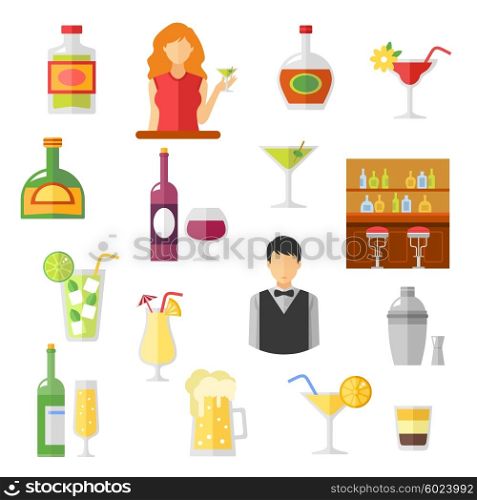 Bar Flat Icons Collection . Bar cocktails and alcohol drinks shaker with barmen and customers flat Icons collection abstract isolated vector illustration
