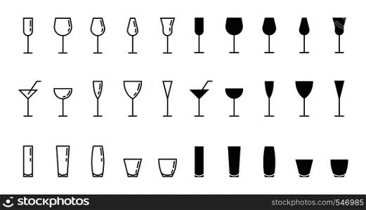 Bar glasses vector icons set, thin line