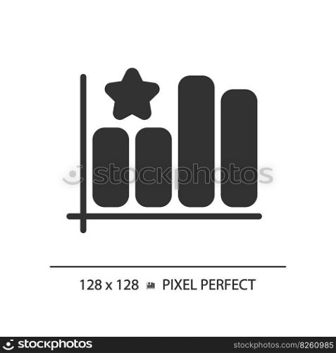 Bar graph pixel perfect black glyph icon. Company rating growth analytics. Customer satisfaction improvement. Silhouette symbol on white space. Solid pictogram. Vector isolated illustration. Bar graph pixel perfect black glyph icon