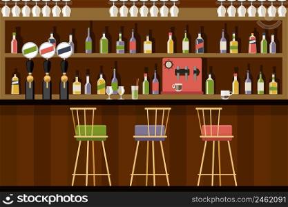 Bar interior in flat style design. Beverage alcohol, beer and club, Vector illustration. Bar interior in flat style design