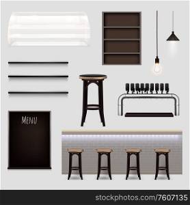 Bar interior realistic set of furniture lamps counter desk menu board elements isolated vector illustration