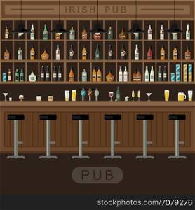 Bar interior with counter.. Bar Restaurant with counter in flat style. Vector banner of interior with bar counter, bar chairs and shelves with alcohol.