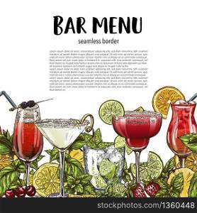 Bar menu, seamless cocktails border, vector hand-drawn illustration, color sketch