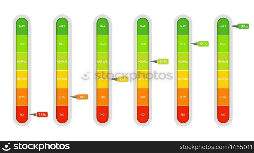 Bar of meter with progress level from red to green. Measure ruler diagram of rating.Verticalscale speedometer with low and high level. Concept graphic slider infographic. vector eps10. Bar of meter with progress level from red to green. Measure ruler diagram of rating.Verticalscale speedometer with low and high level. Concept graphic slider infographic. vector illustration
