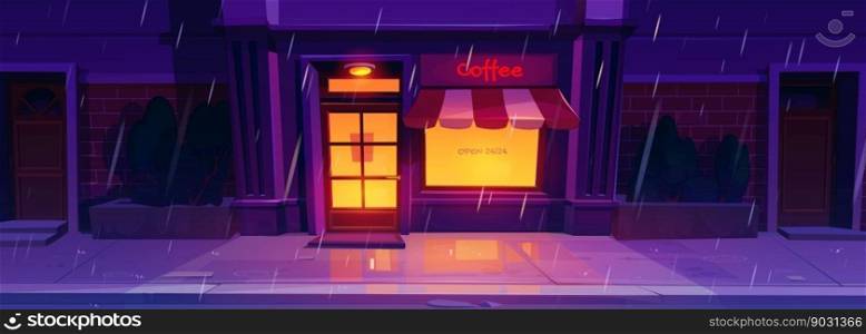 Bar on city street at night cartoon background. Rain weather town scene with light in cafe window. Rainy cityscape with bistro facade with tent. Urban coffeehouse shopfront on brick wall.. Bar on city street, rainy night cartoon background