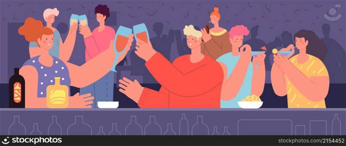 Bar party. New year, birthday celebrating, friends celebrate and drinking together. Happy time, vacation or holidays vector illustration. Celebration birthday in pub, christmas party. Bar party. New year, birthday celebrating, friends celebrate and drinking together. Happy time, vacation or holidays vector illustration