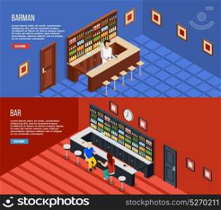 Bar People Isometric Banner Set. Two horizontal bar people isometric banner set with barman headline and read more buttons vector illustration