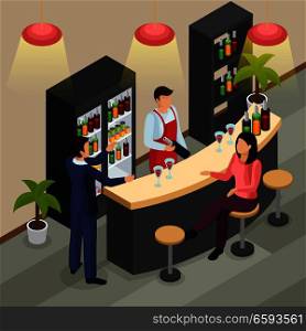 Bar restaurant isometric background, bartender with wine bottle, customers near counter, interior elements vector illustration . Bar Restaurant Isometric Background