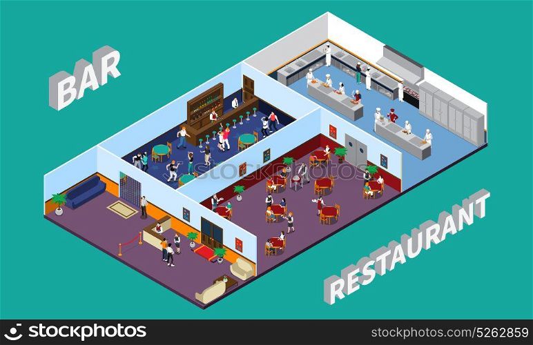 Bar Restaurant Isometric Design. Bar restaurant isometric design with staff and clients hall kitchen interior elements on green background vector illustration