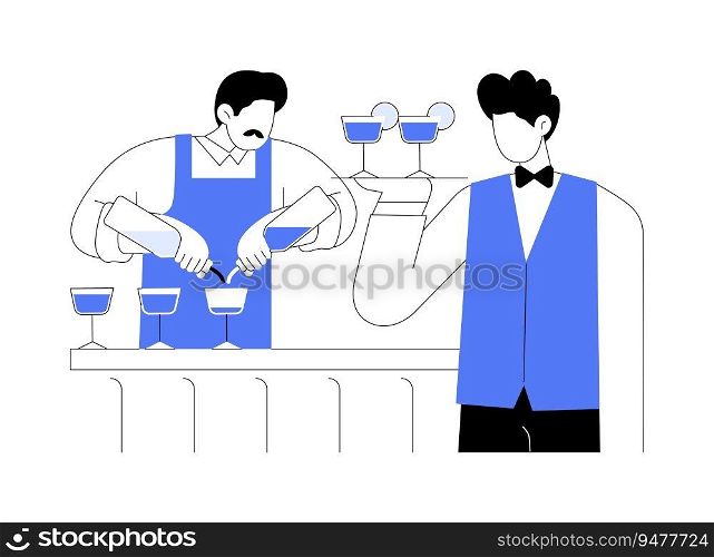 Bar teamwork abstract concept vector illustration. Professional bartender and waiter work together, holding tray with cocktail, restaurant staff, service sector, horeca business abstract metaphor.. Bar teamwork abstract concept vector illustration.