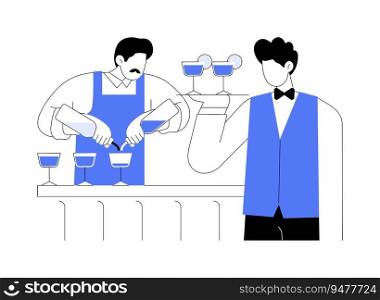 Bar teamwork abstract concept vector illustration. Professional bartender and waiter work together, holding tray with cocktail, restaurant staff, service sector, horeca business abstract metaphor.. Bar teamwork abstract concept vector illustration.