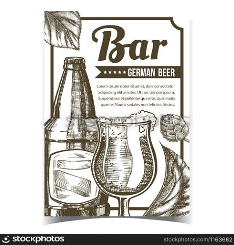 Bar With German Beer Advertising Poster Vector. Glass Cup With Fresh Alcohol Drink Beer, Bottle With Blank Label And Hops Green Leaves On Promotional Banner Creative Typography Monochrome Illustration. Bar With German Beer Advertising Poster Vector