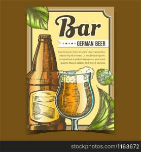 Bar With German Beer Advertising Poster Vector. Glass Cup With Fresh Alcohol Drink Beer, Bottle With Blank Label And Hops Green Leaves On Promotional Banner. Creative Typography Illustration. Bar With German Beer Advertising Poster Vector