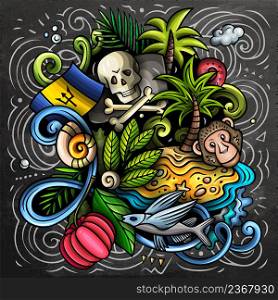 Barbados cartoon vector doodle chalkboard illustration. Colorful detailed composition with lot of traditional symbols. Barbados cartoon vector doodle chalkboard illustration