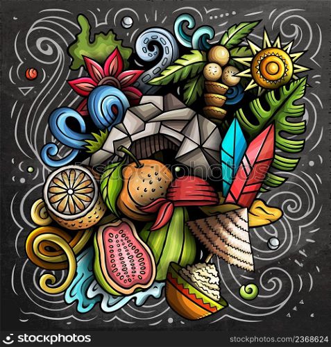 Barbados cartoon vector doodle chalkboard illustration. Colorful detailed composition with lot of traditional symbols. Barbados cartoon vector doodle chalkboard illustration
