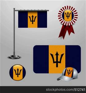 Barbados Country Flag haning on pole, Ribbon Badge Banner, sports Hat and Round Button. Vector EPS10 Abstract Template background