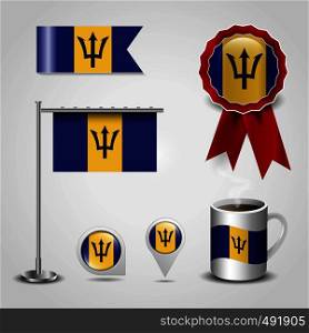 Barbados Country Flag place on Map Pin, Steel Pole and Ribbon Badge Banner. Vector EPS10 Abstract Template background