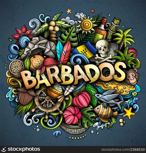 Barbados hand drawn cartoon doodle illustration. Funny barbadian design. Creative vector background. Handwritten text with North American Country elements and objects. Colorful composition. Barbados hand drawn cartoon doodle illustration. Funny local design.