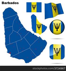 Barbados vector set. Detailed country shape with region borders, flags and icons isolated on white background.