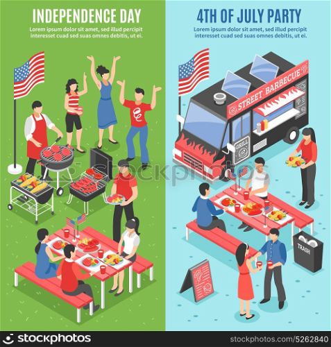 Barbecue 4 July Banner Set. Two vertical barbecue 4 july banner set with independence day and 4th of july party descriptions vector illustration