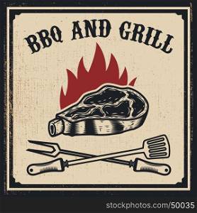 Barbecue and grill. Grilled meat with fork and Kitchen spatula on grunge background. Design elements for poster, emblem, sign. Vector illustration