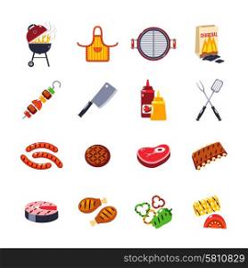 Barbecue and grill icon set with beef and fish steak and kitchen tools isolated vector illustration. Barbecue And Grill Icon Set