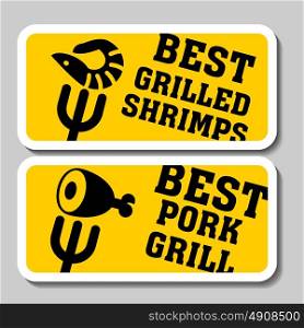 Barbecue and grill stickers, badges, logos and emblems, vector. Restaurant steak house design elements. Grilled pork, grilled shrimp.
