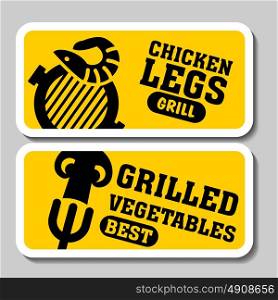 Barbecue and grill stickers, badges, logos and emblems, vector. Restaurant steak house design elements. Grilled shrimps, grilled vegetables.
